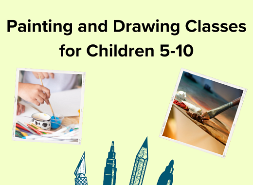Text: Painting and Drawing Classes for Children 5-10 Image: Paintbrushes, and other writing utensils